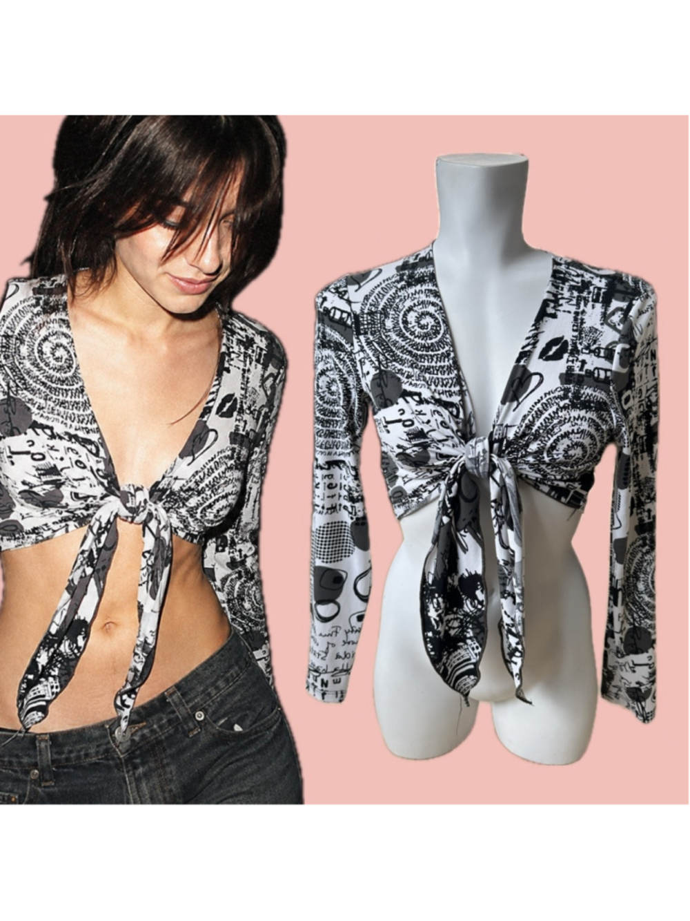 Vintage Y2K Graffiti Mesh Tie Front Crop Top One Size – Artsy Club Kid